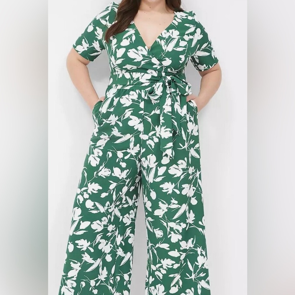 Lena Short Sleeve Surplice Jumpsuit Green Floral Wide Legged